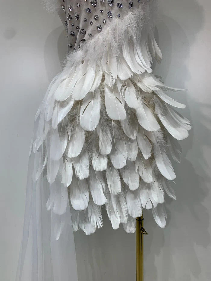 Make a grand entrance in the Cheska halter backless feather evening dress. Elegant bodycon gown for weddings, parties, birthdays, and galas.