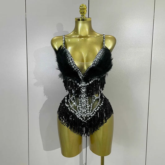 Claire Rhinestone Feather Tassel Mesh Bodysuit