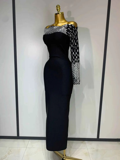 Coleen Sexy Off-shoulder Diamonds Black Maxi Long Bandage Dress
