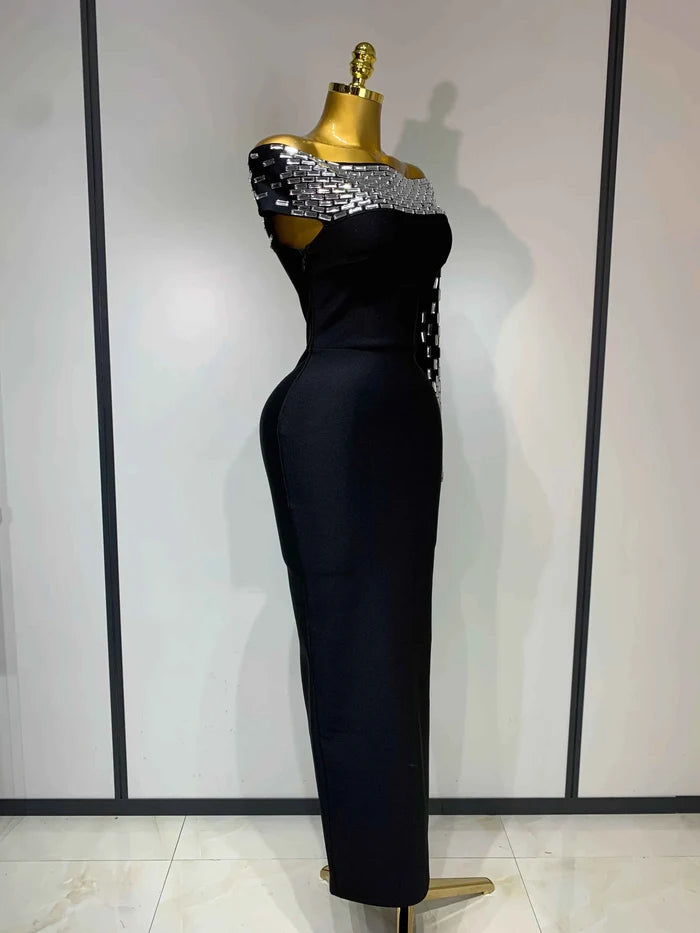 Coleen Sexy Off-shoulder Diamonds Black Maxi Long Bandage Dress