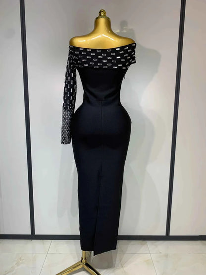 Coleen Sexy Off-shoulder Diamonds Black Maxi Long Bandage Dress