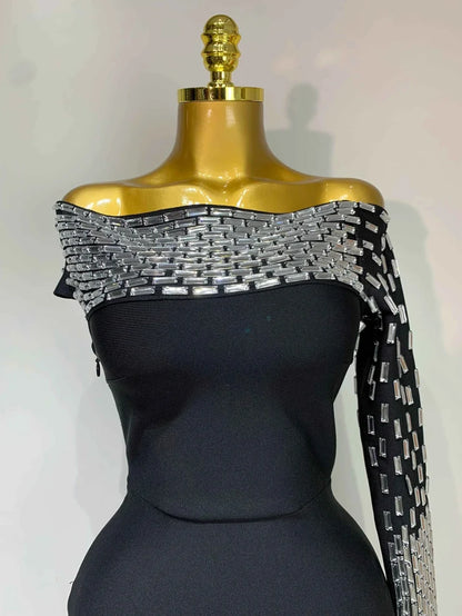 Coleen Sexy Off-shoulder Diamonds Black Maxi Long Bandage Dress