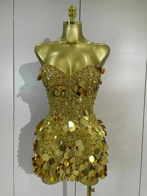 Cordelia Sparkly Gold Rhinestones Sequins Mini Dress