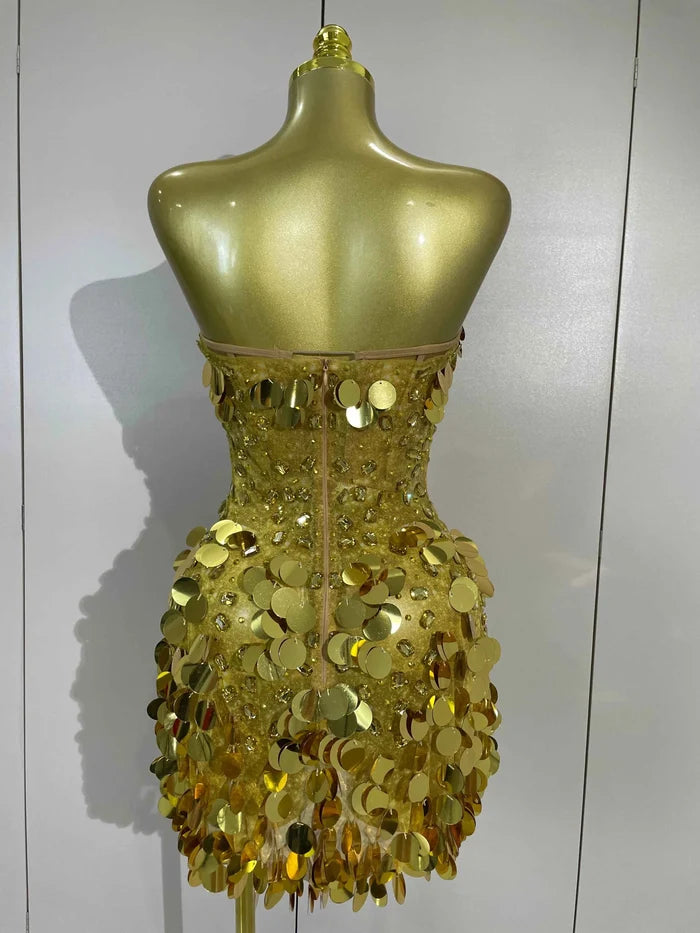 Cordelia Sparkly Gold Rhinestones Sequins Mini Dress