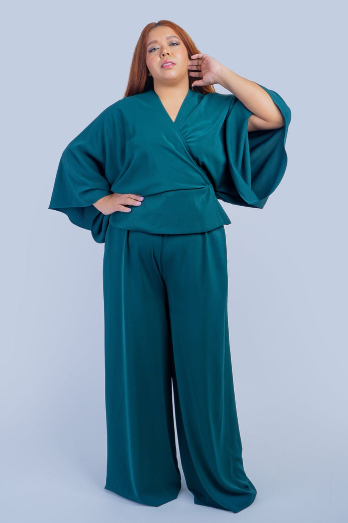 Chloe Dao TOPS Dark Green Kimono Wrap Peplum Shirt