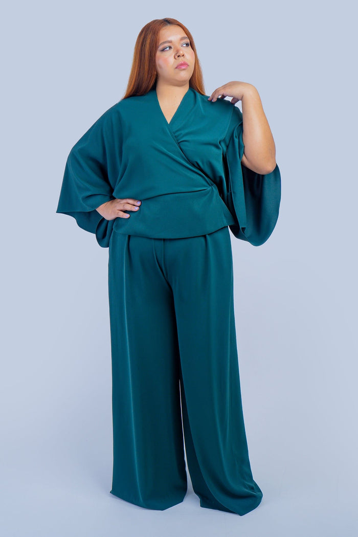 Chloe Dao TOPS Dark Green Kimono Wrap Peplum Shirt