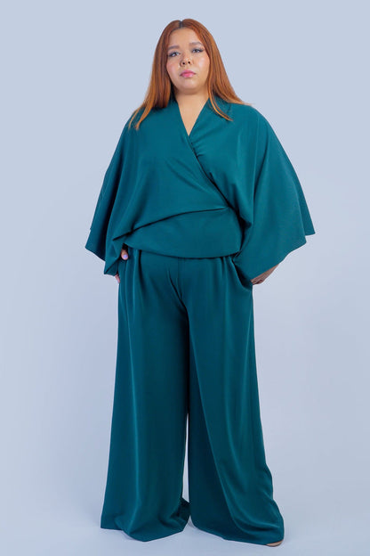 Chloe Dao TOPS Dark Green Kimono Wrap Peplum Shirt