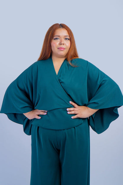 Chloe Dao TOPS Dark Green Kimono Wrap Peplum Shirt