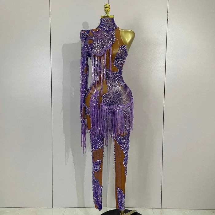 Dayla Sparkle Diamond Purple Tassel One-Shoulder Mesh Jumpsuit