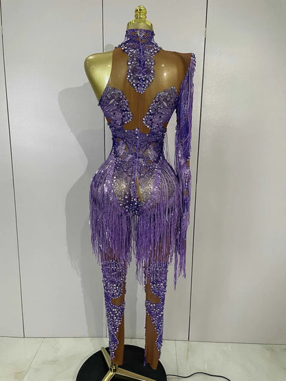 Dayla Sparkle Diamond Purple Tassel One-Shoulder Mesh Jumpsuit