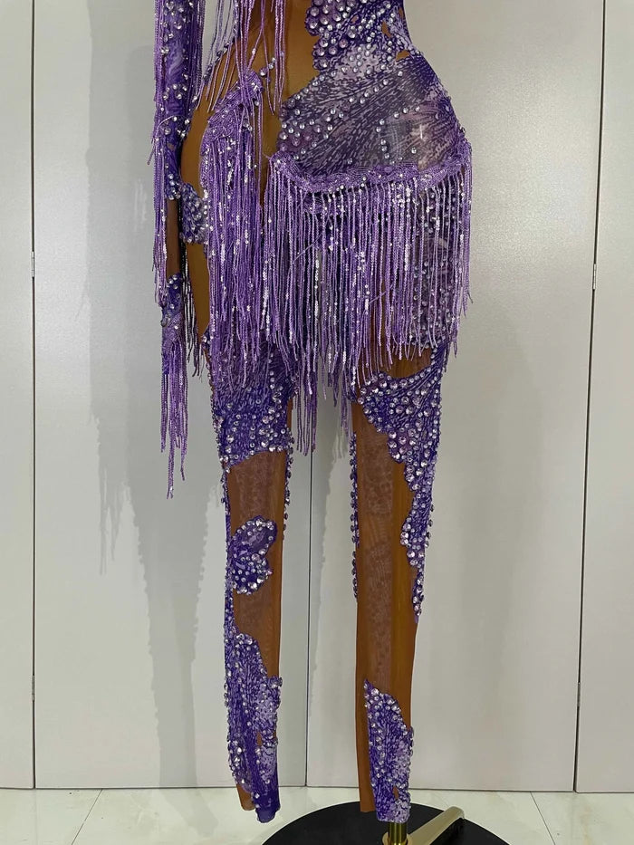 Dayla Sparkle Diamond Purple Tassel One-Shoulder Mesh Jumpsuit