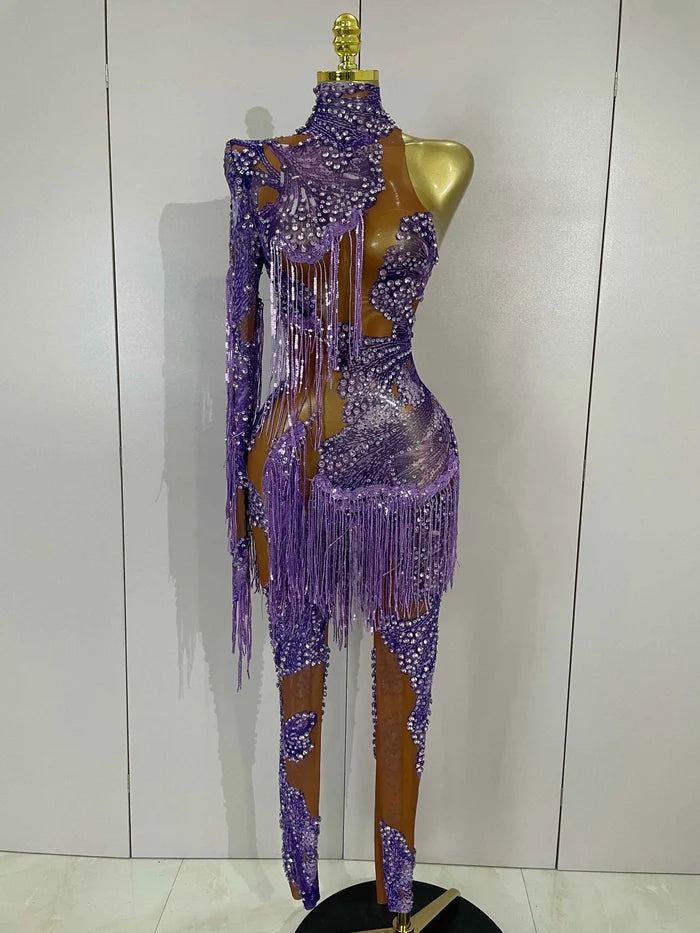 Dayla Sparkle Diamond Purple Tassel One-Shoulder Mesh Jumpsuit