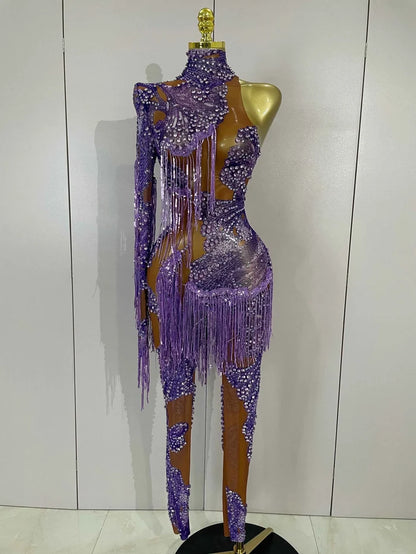 Dayla Sparkle Diamond Purple Tassel One-Shoulder Mesh Jumpsuit