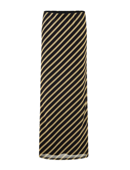 The DEANNA MAXI SKIRT - MULTI : STRIPE : BROWN STRIPE by TIGERMIST features a long, straight design with an evenly spaced black and tan diagonal stripe pattern, creating a clean, modern look. This waist-high skirt has a simple design without any visible embellishments.