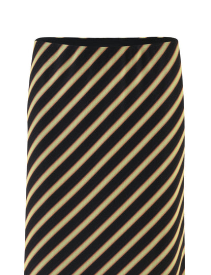 A close-up image of the TIGERMIST DEANNA MAXI SKIRT - MULTI : STRIPE : BROWN STRIPE, showcasing its bold, evenly spaced diagonal black and yellow stripes against a white background to highlight the striking fabric design.