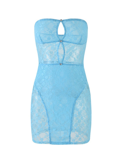 The DIDA DRESS - BLUE in Baby Blue by TIGERMIST is a strapless, sheer lace dress featuring a keyhole cutout at the chest and decorative metallic beads. The dress boasts a form-fitting silhouette and an intricate floral lace pattern throughout.
