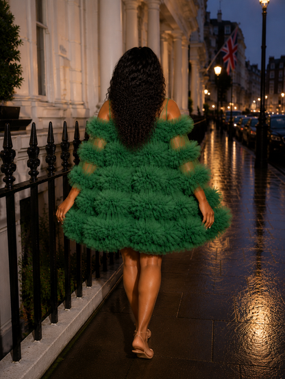 Stylish woman in luxury floral mini dress outdoors at night
