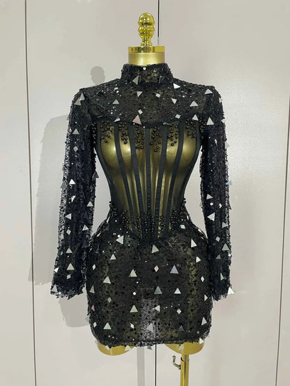 Shiny Sequin Pearl Sexy Black Mesh Long Sleeve Bodycon Mini Dress Women Celebrate Evening Birthday Party Nightclub Stage Costume