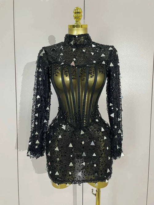 Shiny Sequin Pearl Sexy Black Mesh Long Sleeve Bodycon Mini Dress Women Celebrate Evening Birthday Party Nightclub Stage Costume
