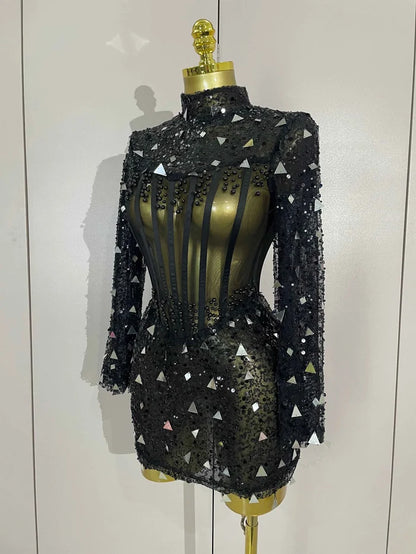 Shiny Sequin Pearl Sexy Black Mesh Long Sleeve Bodycon Mini Dress Women Celebrate Evening Birthday Party Nightclub Stage Costume