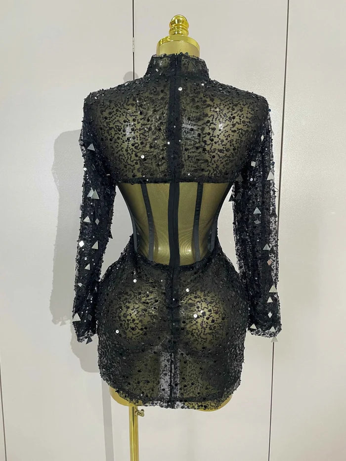 Shiny Sequin Pearl Sexy Black Mesh Long Sleeve Bodycon Mini Dress Women Celebrate Evening Birthday Party Nightclub Stage Costume