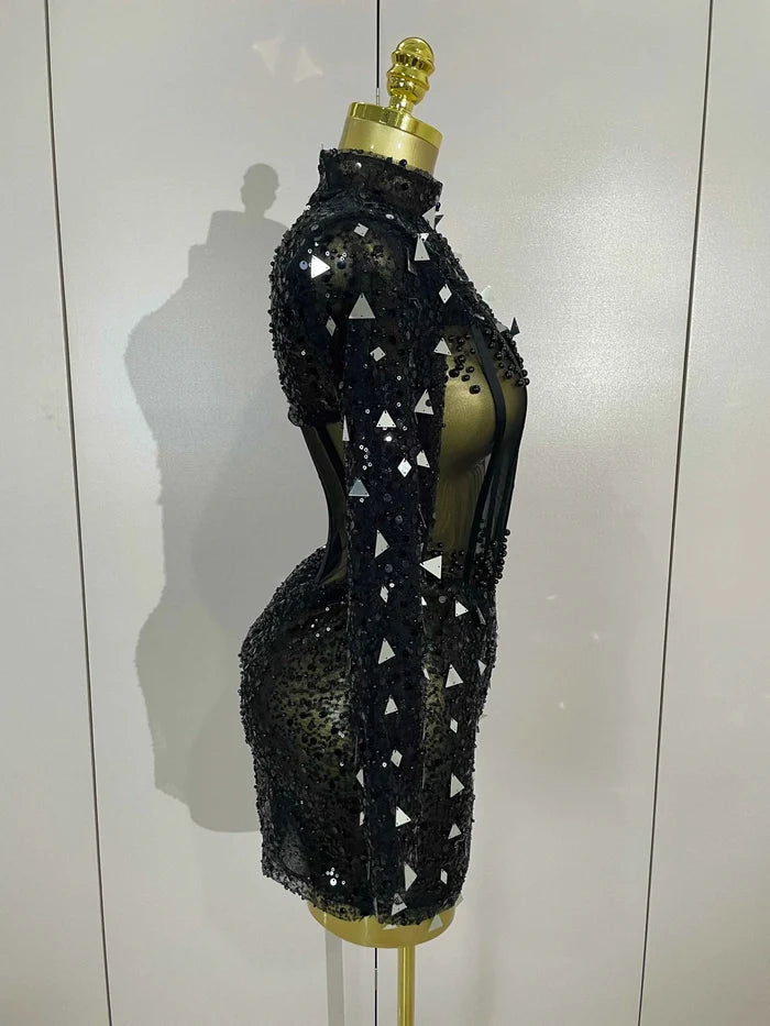Shiny Sequin Pearl Sexy Black Mesh Long Sleeve Bodycon Mini Dress Women Celebrate Evening Birthday Party Nightclub Stage Costume