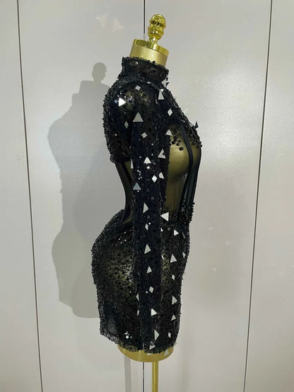 Shiny Sequin Pearl Sexy Black Mesh Long Sleeve Bodycon Mini Dress Women Celebrate Evening Birthday Party Nightclub Stage Costume