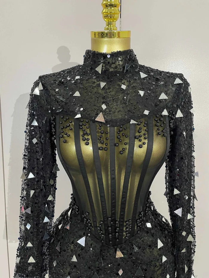 Shiny Sequin Pearl Sexy Black Mesh Long Sleeve Bodycon Mini Dress Women Celebrate Evening Birthday Party Nightclub Stage Costume