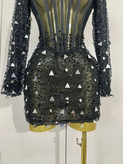 Shiny Sequin Pearl Sexy Black Mesh Long Sleeve Bodycon Mini Dress Women Celebrate Evening Birthday Party Nightclub Stage Costume