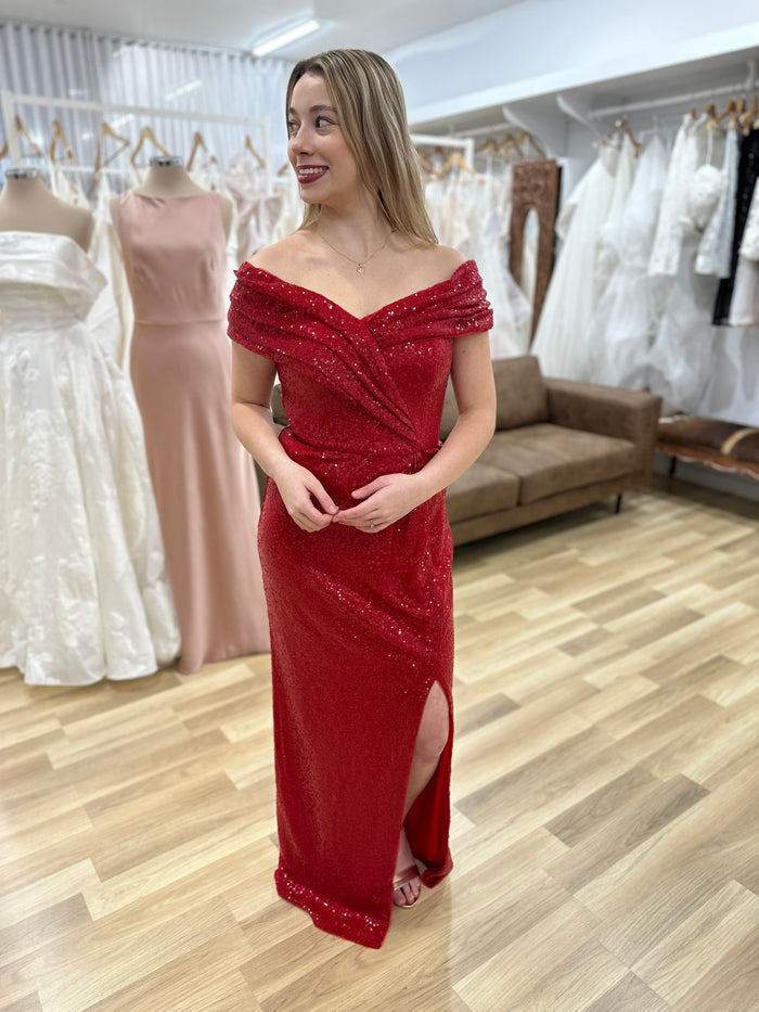 Evanie Draped Off Shoulder Sequin Gown Red - Dress - Bariano