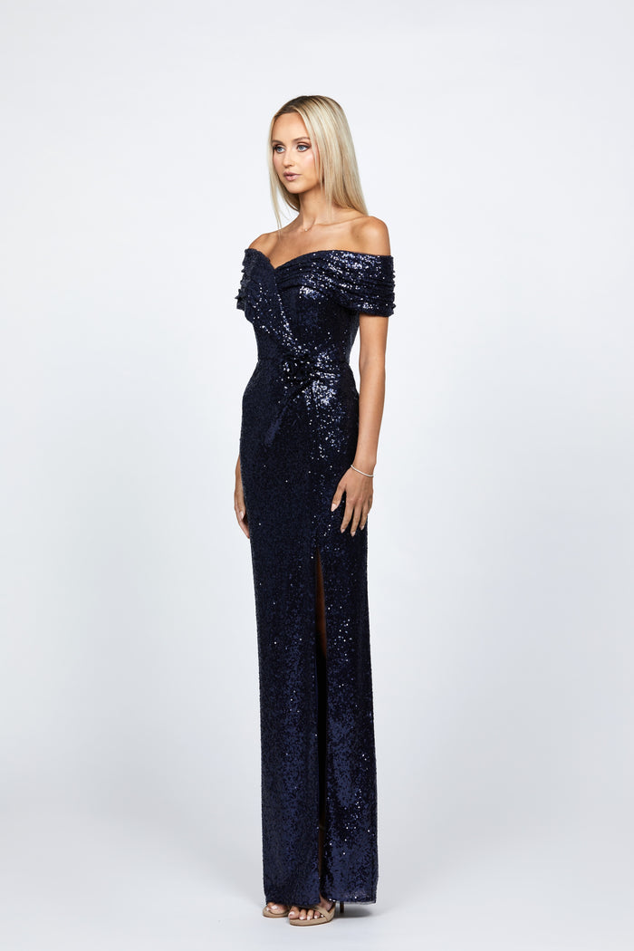 Evanie Draped Off Shoulder Sequin Gown - Dress - Bariano