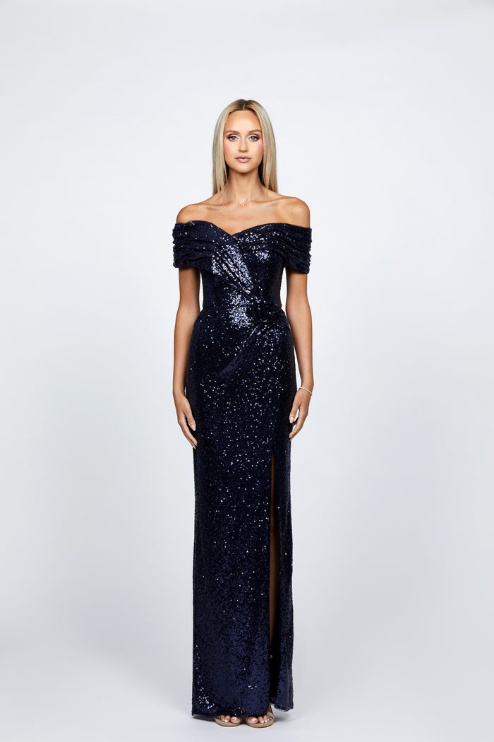 Evanie Draped Off Shoulder Sequin Gown - Dress - Bariano