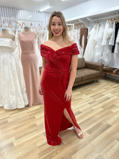 Evanie Draped Off Shoulder Sequin Gown - Dress - Bariano