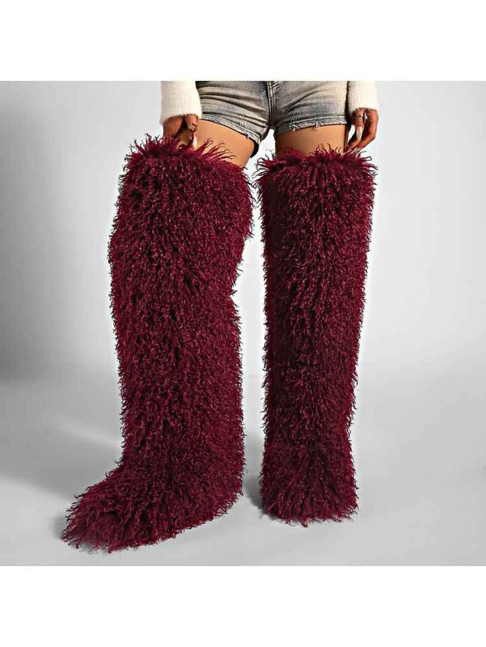 Fluffy Plain Color Fur Over-the-Knee Boots