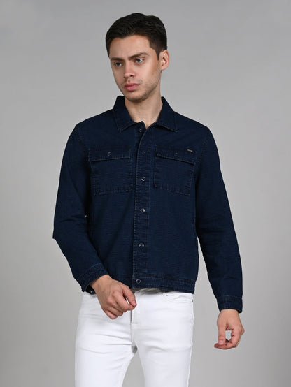 Full Sleeves Loose Fit Navy Indigo Dark Wash Double Pocket Ripstop Shacket.