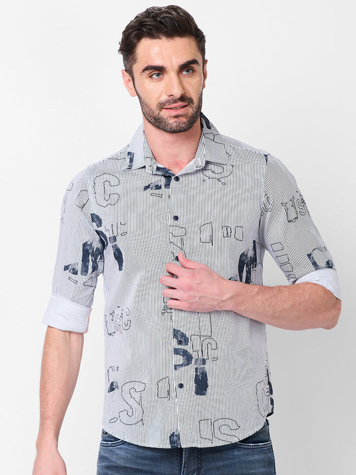 Full Sleeves Slim Fit Abstract Typographic Scribble Print with Pinstripes Shirt