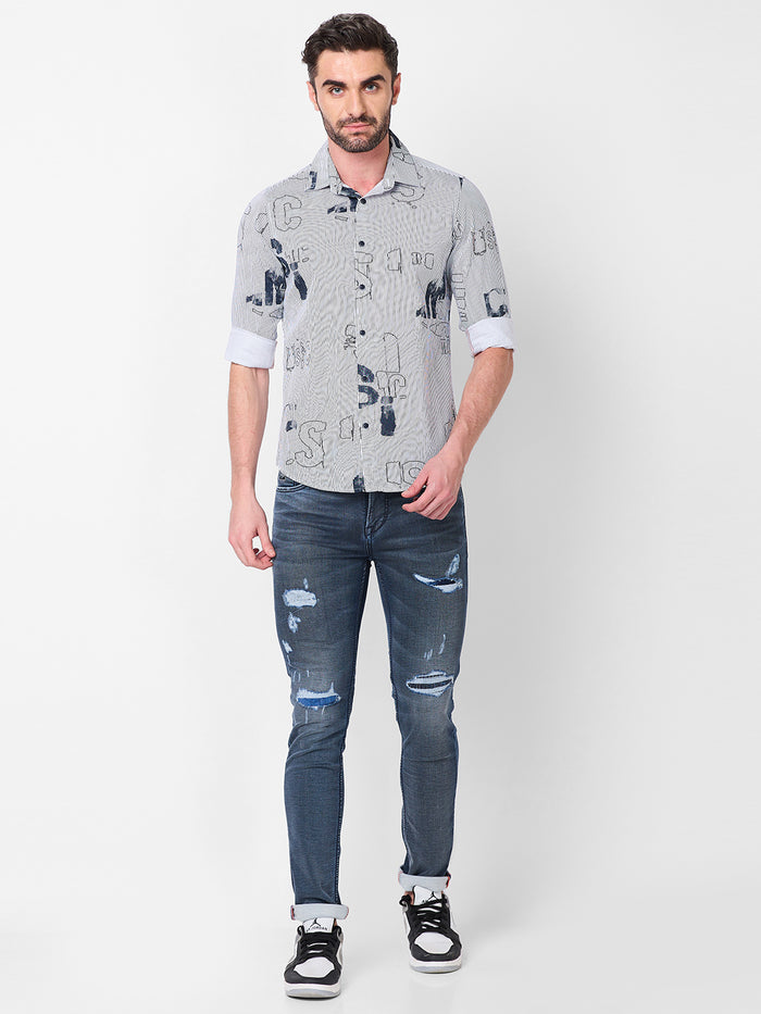 Full Sleeves Slim Fit Abstract Typographic Scribble Print with Pinstripes Shirt