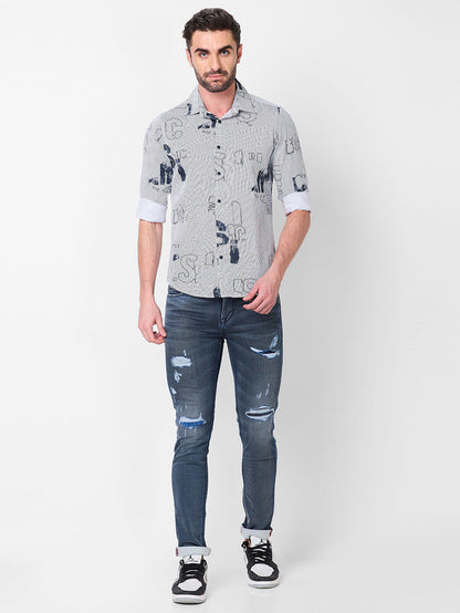 Full Sleeves Slim Fit Abstract Typographic Scribble Print with Pinstripes Shirt