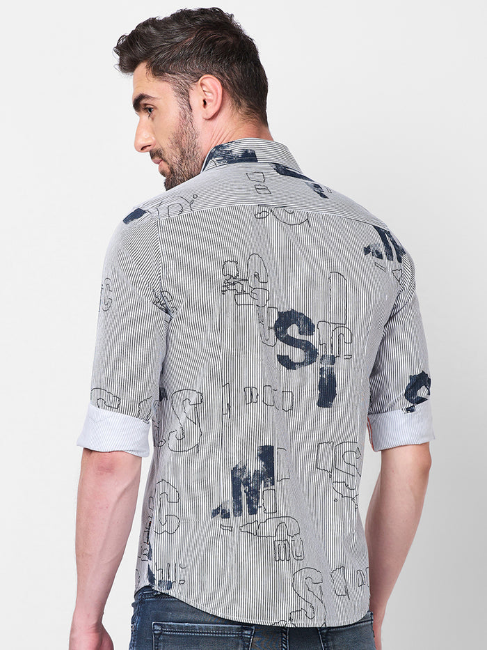 Full Sleeves Slim Fit Abstract Typographic Scribble Print with Pinstripes Shirt