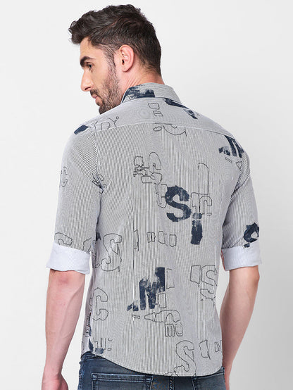 Full Sleeves Slim Fit Abstract Typographic Scribble Print with Pinstripes Shirt