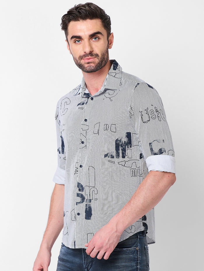 Full Sleeves Slim Fit Abstract Typographic Scribble Print with Pinstripes Shirt