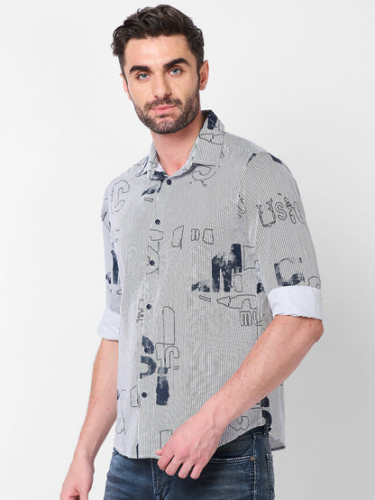 Full Sleeves Slim Fit Abstract Typographic Scribble Print with Pinstripes Shirt
