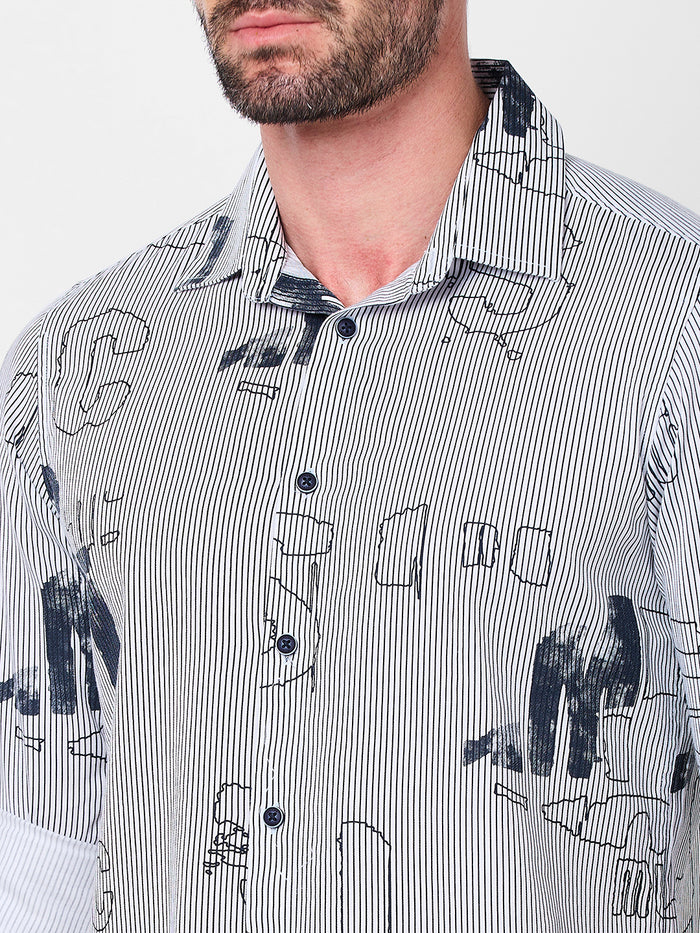 Full Sleeves Slim Fit Abstract Typographic Scribble Print with Pinstripes Shirt