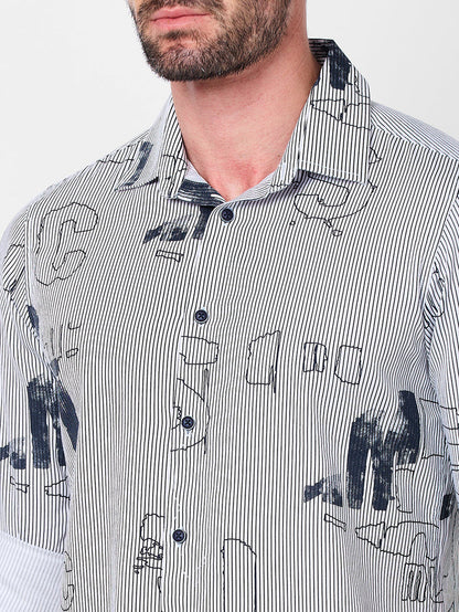 Full Sleeves Slim Fit Abstract Typographic Scribble Print with Pinstripes Shirt