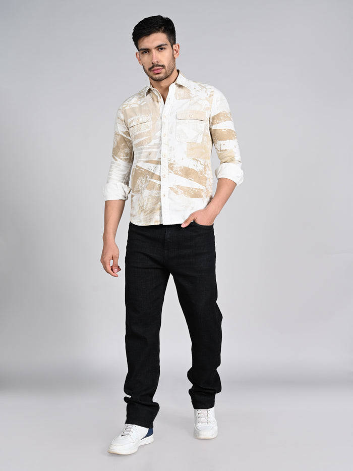 Full Sleeves Slim Fit Beige Camauflage Double Pocket Canvas Print Shirt
