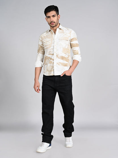 Full Sleeves Slim Fit Beige Camauflage Double Pocket Canvas Print Shirt