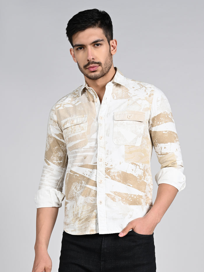 Full Sleeves Slim Fit Beige Camauflage Double Pocket Canvas Print Shirt