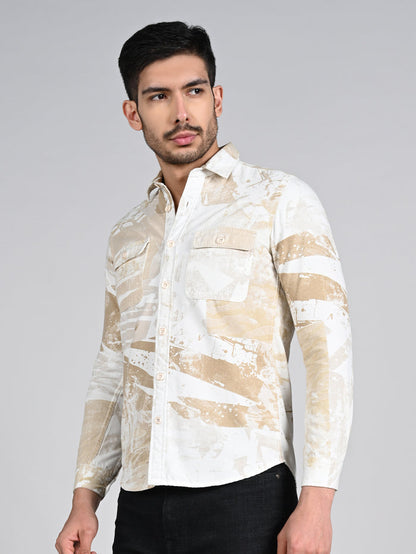 Full Sleeves Slim Fit Beige Camauflage Double Pocket Canvas Print Shirt