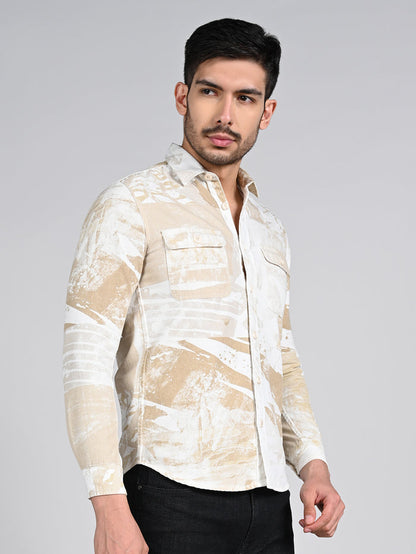 Full Sleeves Slim Fit Beige Camauflage Double Pocket Canvas Print Shirt