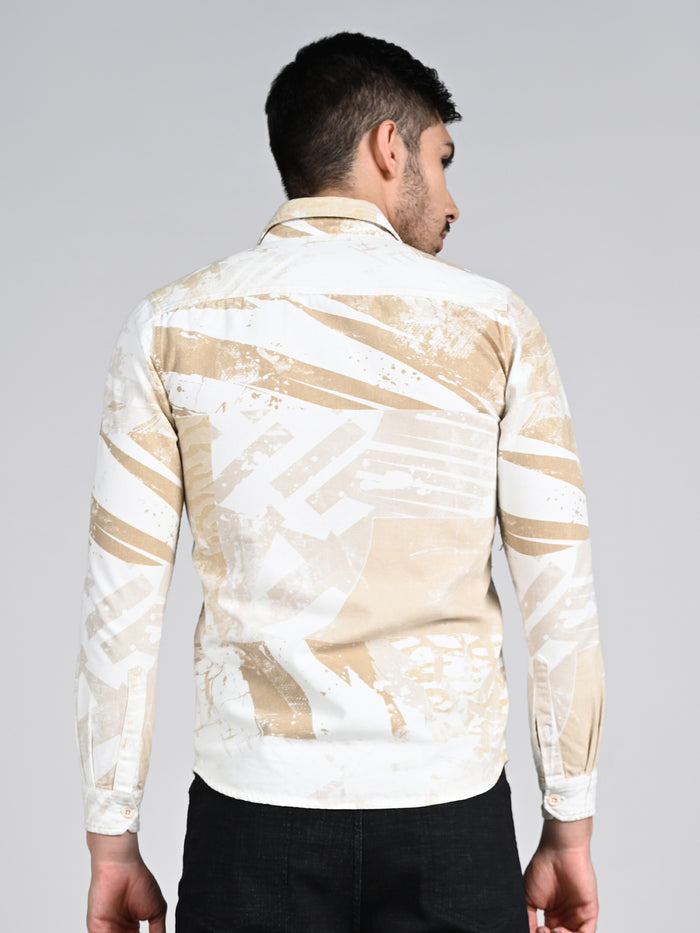 Full Sleeves Slim Fit Beige Camauflage Double Pocket Canvas Print Shirt